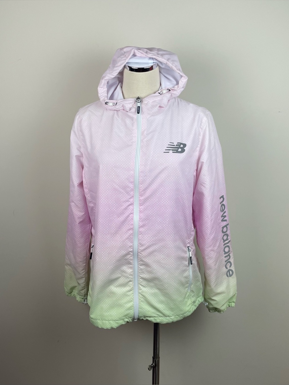 New Balance Pastel Pink Green White Full Zip Hooded Windbreaker Jacket Large
